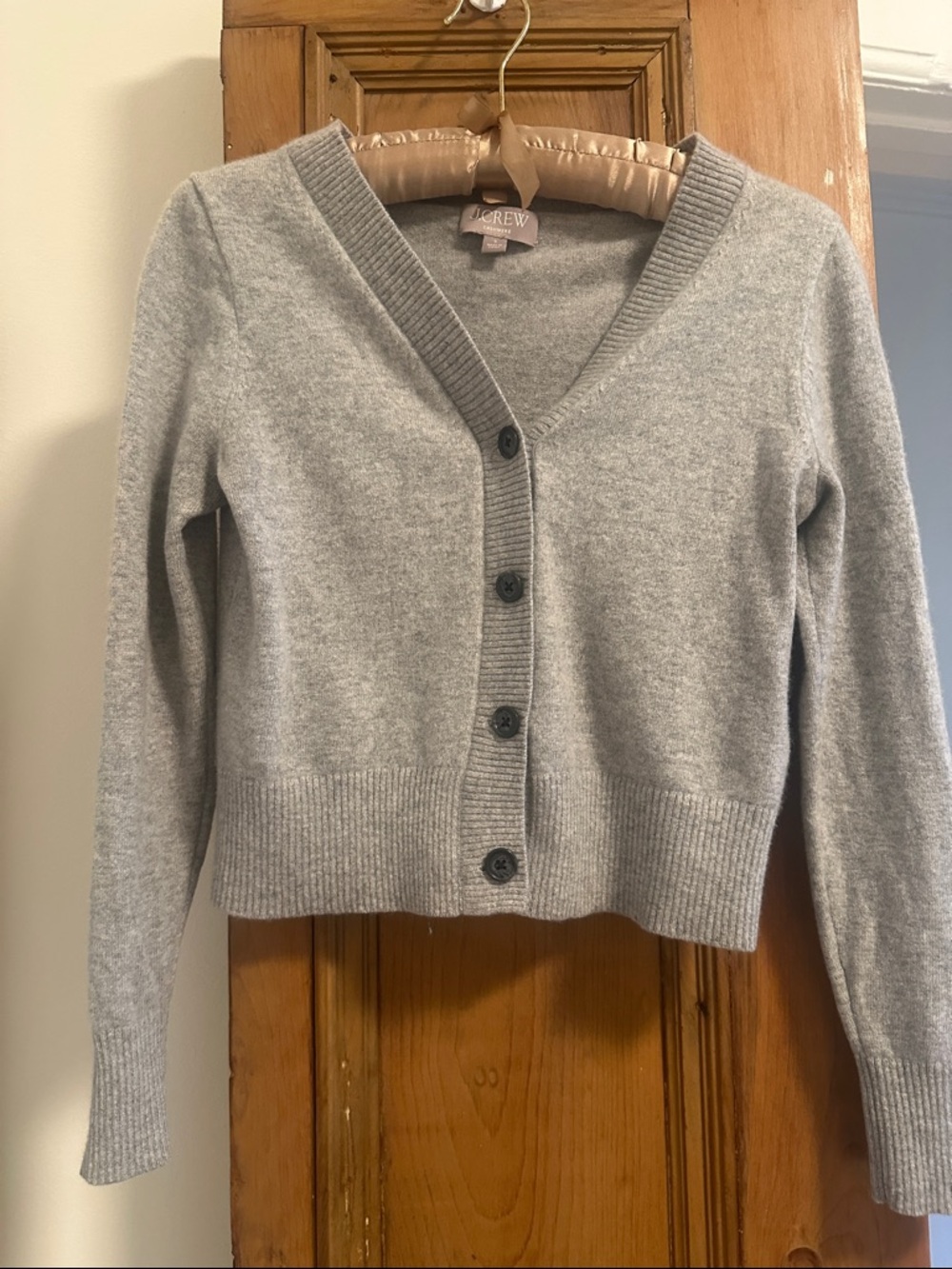 J. Crew 100% Cashmere Light Gray V-Neck Cropped Button Cardigan